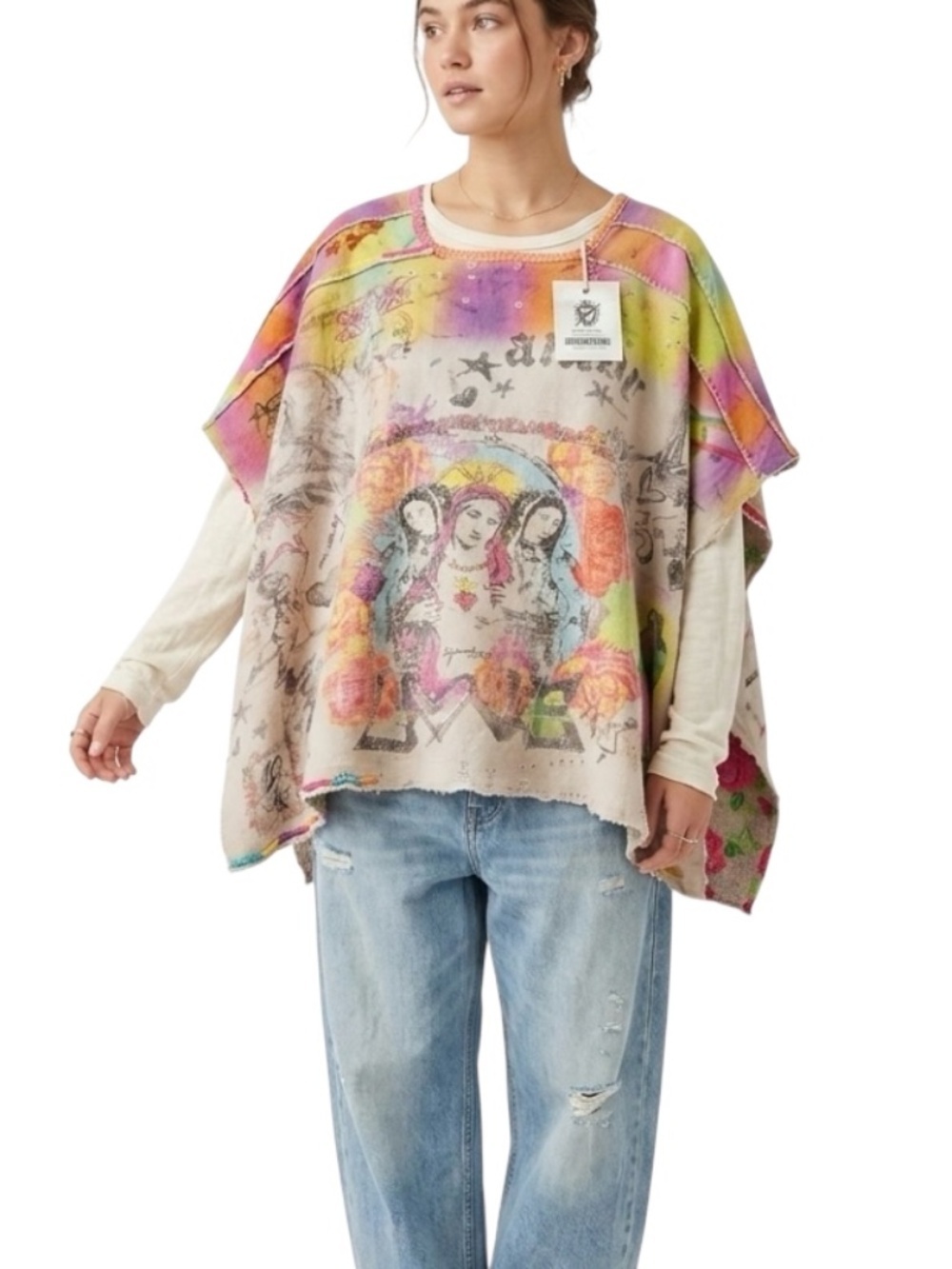Magnolia Pearl Damas Mary Poncho 3566 Aged OS  Virgin Mary Sacred Heart Boho NWT